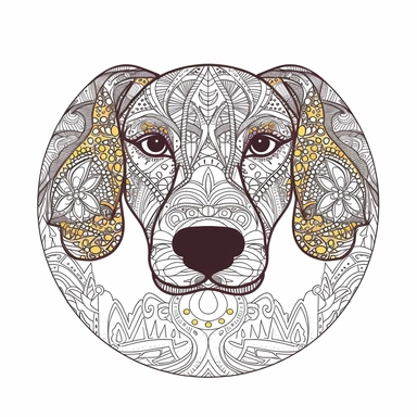 logo, mandalas dachshund dog , head, facing front, cute, circle frame, cartoon clipart, vector, bold line, white isolated background, high definition