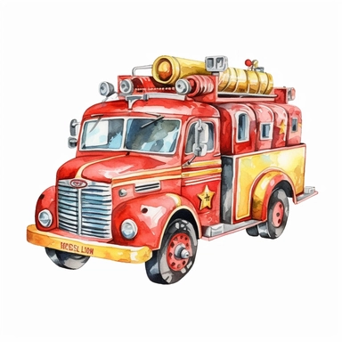 Vintage Hand painted pastel clipart of a toy fire truck in the style of vintage nursery kitsch Lefton, retro midcentury 1950’s, white background, contour