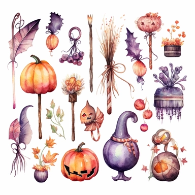 beautiful loose watercolor, halloween clipart, a witch's broom , illustrations clipart set, simple, christmas colors , cartoon elements, different variants , candy cane, hollybell, bow, separate elements with a margin, on white backgound