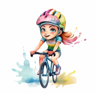 a watercolor painting of chibi Triathlete girl riding a triathlon bicycle, wearing bicycle helmet, wearing a triathlon gear, with athletic outfits, full body, smiling, both hands over the aerobars, Sport graphics, action clipart, 8k, watercolor, pastel colors, isolated on white background, 3d