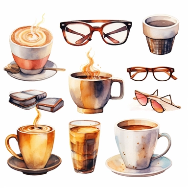 Coffee cups and glasses clipart watercolor style ar 3:4 s 1000 v 5