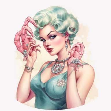 Hand drawn 1950’s pin up woman, dressed like cancer the crab, very glamorous with jewelry, shades of dusty rose teal and blue, half body, very detailed and realistic, watercolor, white background with margins, clipart style