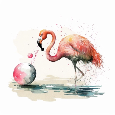 flamingo playing with small beach ball watercolor clip art
