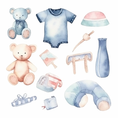 watercolor, baby themed things on white background with margins, clipart collection