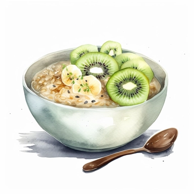 watercolor clipart of bowl with kiwi porridge with oatmeal and milk, presented in a flatlay style with a top-side view on a clean white background. bowl should be filled with a visually appealing arrangement of one ingredient, showcasing their vibrant colors and textures. The watercolor style should bring out the essence of each ingredient while retaining a harmonious overall composition. The clean white background should provide a pristine backdrop, enhancing the visibility and focus on the bow