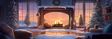 Tourism Illustration. Create an illustration showcasing a warm, cozy winter scene. The image should capture the essence of a classic American home, ready for the winter holidays. In the foreground, a roaring fireplace, casting a warm, inviting glow over a comfortable living space adorned with holiday decorations like stockings and garlands. Show touches of luxurious details such as plush blankets, woolen rugs and perhaps, a golden saffron thread woven into the tapestry. The color palette should 