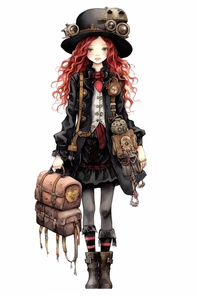 watercolor mixed media goth steampunk girl entire body with goth steampunk backpack school illustration clipart by holly hobbie
