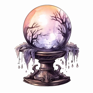 mystical crystal ball, Halloween, folk art, watercolor, clipart elements, smooth gradients, black contour outline, ultra detailed, white background, super clear, high quality