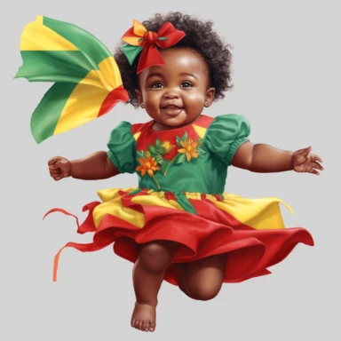 Happy baby juneteenth girl with red, green, yellow cloths and flower, full body, hand draw Illustration clipart, 4K, extremely detailed