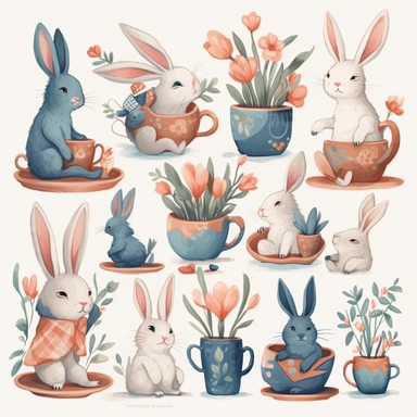 Oil painting rabbits, teacups and flowers clipart set, Lisa glanz style, white background charecter, single items, cute items, oil paint, no background. Clear simple shapes, cute, high quality, Procreate art, HD, 8k, detailed, wax crayons style illustration, digital illustration, white background