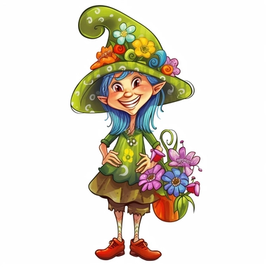 A delightful, hand-drawn clipart image of a friendly female gnome with no beard, dressed in a charming, brightly colored dress, sporting a tall, green pointy hat, and standing with a welcoming smile, mushrooms and flowers, presented on a transparent backg