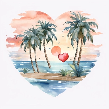 Heart beach, retro beach, beach heart, sunshine, watercolor beach heart clipart, hd, on white background, spaced out ar 3:2-- s1000
