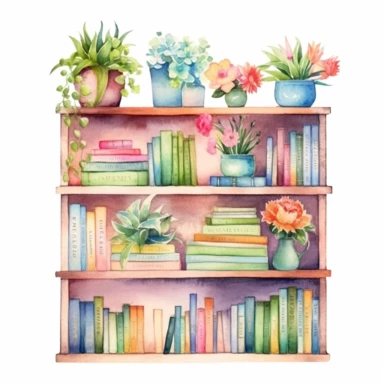 watercolor style, a bookshelf with multiple books, flowers and other decorations on it, realistic, delicate shades, clipart, isolated on white background, 4K