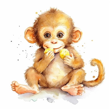 clipart full body friendly watercolour cute little baby monkey eating a banana, realistic, detailed, white background, contour