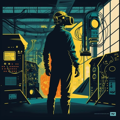 worker wearing vr headset, man, standing in an assembly plant, gauges, coding, vr developer, virtual reality, poster, simplistic, abstract, vector, 2d illustration, clipart, few colors