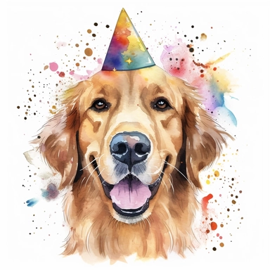 watercolor of a birthday golden retriever isolated on a white background, detailed ,realistic ,rtx on,textural richness,colorful imagery,digital illustration, clipart,