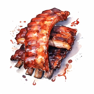 BBQ Ribs with BBQ Sauce, highly detailed, watercolor, clipart, illustration, white background, digital painting, paper crafting, no signature, no text