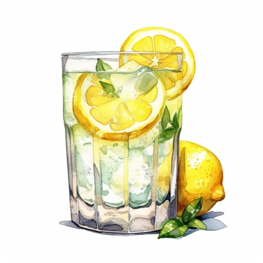 Watercolor clipart very detailed Lemon fruit juice with glass. White background