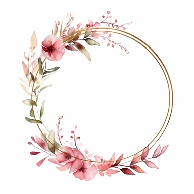 modern gold circular frame with pink greenery for wedding invitation, watercolor clipart, minimalist, isolated white background, 8k