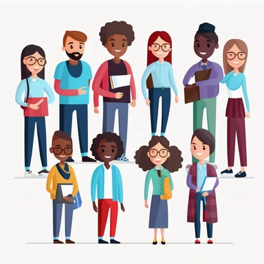 a group of people who are ethnically diverse planning in side of a school. The group consists of Math teachers. The image should be clipart Style for an infographic