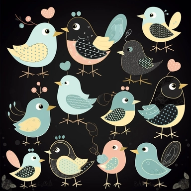 cute cartoon bird clipart, black background,--no cut off edges