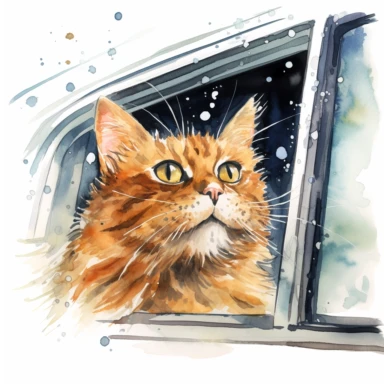 a funny cartoonish style cat sticking his head out the window, watercolor clipart