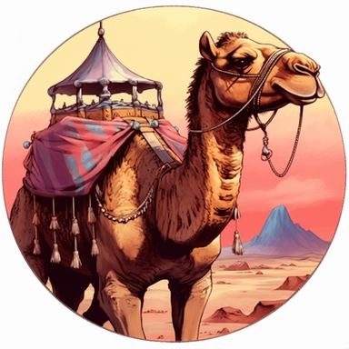 Boris Vallejo's photograph of a bandit war camel with fort saddle, Josh Kirby Mad Max Lord of the Rings, enamel punk zine indie retrowave, clipart illustration, circular solid background circular border