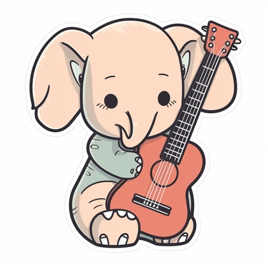 clipart,sticker, kawaii, an elephant playing guitar ,bold outline, isolated on a white background