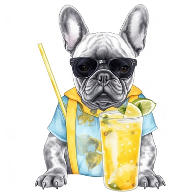 French Bulldog Clipart with Sunglasses Drinking Lemonade PNG Sublimation Shirt