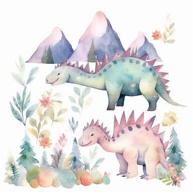 friendly, fluffy watercolor dinosaurs clipart, pastel colors, in the mountains, forest, separated, seamless, transparent background--AR 3:2
