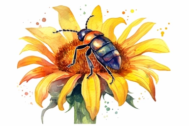 Watercolor, Design an image showcasing a beetle crawling on a sunflower, its presence contributing to the pollination and dispersal of these towering blooms, clipart, hd, on a white background, spaced out