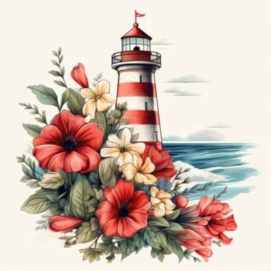 nautical lighthouse floral clipart,,hd,8k,--s,1000,--3:2--,--v 5,ar