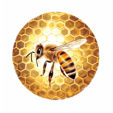 A honey bee hovering near a beehive entrance, carrying a load of pollen on its hind legs, with a focused expression, with a honeycomb pattern as the coat or attire. (Digital drawing clipart, image black border color, full body, flat texture, transparent background)