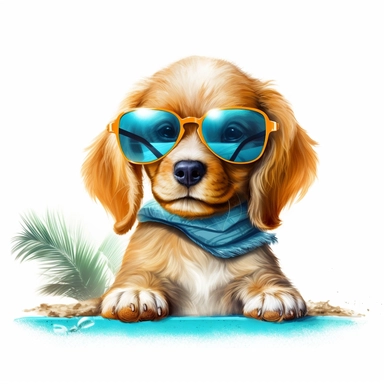 cute puppy dog with sunglasses at the beach clipart white background
