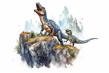 Watercolor, Design a scene with a pair of Megalania climbing a rocky cliff in search of prey clipart, hd, on a white background, spaced out
