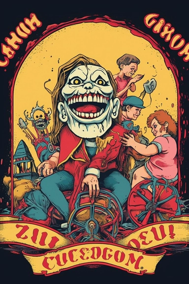 clip art The Killer Carnival: This design features a creepy carnival full of twisted attractions like a Ferris wheel made of bones and a Hall of Mirrors that distorts your face into a monster. The main focus is a creepy clown, holding a knife and grinning wickedly, with other carnival-goers in the background being attacked by monsters and demons. The design has a Steven Rhodes-style twist, with dark humor and clever visual puns.