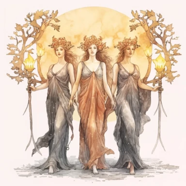 Mhytologic style beautiful impressive three goddess holding torches and standing under a big oak tree at the night landscape with watercolor effect,suitable for digital clipart,white background,many twinkles,ancient greek mhytology scene,detailed features ,many twinkles , dark scene