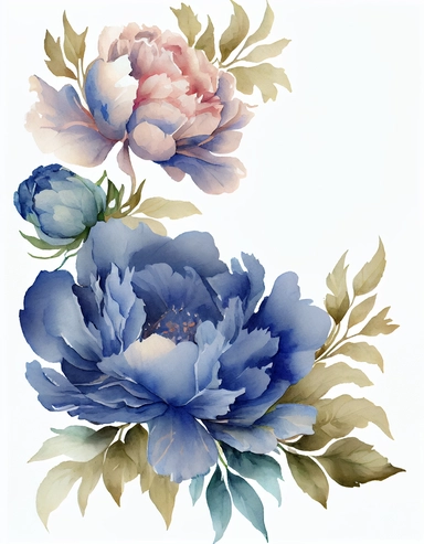 detailed watercolor blue peony corner border , isolated on white background, realistic, clipart