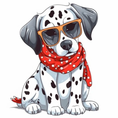 funny kawaii Dalmatian Puppy with Balenciaga sunglasses and cool bandana or necklaces, cute illustration, clipart, white backgound, Cuttable Design