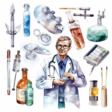 watercolor doctor related scenes , illustrations clipart set, simple, , cartoon elements ,different variants , glucometer, insulin syringe, nurse, doctor, stethtescope, mechanical body weighing scale, tweezers, microscope, ambulance, , separate elements with a margin