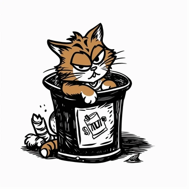 an old 80's style of a cartoon a cat eating fish bones behind a garbage can veiw 3d handraw clipart style easy draw simplist black and white vector simple doodle very with thick lines