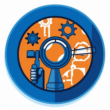a piece of clipart showcasing Specialist Engineering Services. The image should feature iconic engineering tools such as gears, blueprints, and a safety helmet, along with a magnifying glass to symbolize the specialty and attention to detail. The design should be clear, with a minimalist approach, and the colors should be bold and professional.