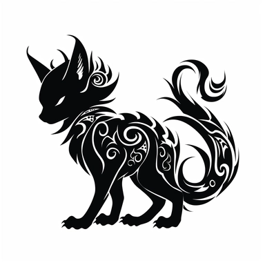 entire body dancing fire kitten dragon. crawling, clawing. grinning. screaming. 4 legs. ready to pounce. thrashing tail. profile view. black only, flat image, no shadows, no depth. black and white only. tribal animal clipart, laser cut design, white background, black cutout design
