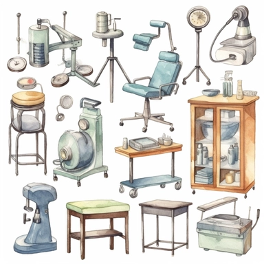 watercolor doctor related scenes  Medical Equipment Items for doctor's clinic, illustrations clipart set, simple, , cartoon elements ,different variants , nurse, doctor, stethtescope, mechanical body weighing scale, microscope, ,separate elements with a margin