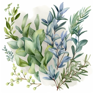 greenery, botanical, sage green, blue, tan, watercolor illustration, white background, corner bracket images for a journal page, clipart, highly realistic, hyper detailed,