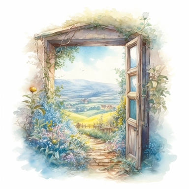 isolated on white illustration watercolor art of a rustic window from inside the house, the window shows the landscape from the garden with forget-me-nots and a road going into the mountains, a lot of forget-me-nots, masterpiece by Hans Zatzka and by Josephine Wall and by Alexander Jansson style and by Ivan Fedorovich Choultse style, Art Nouveau Architecture, PNG clipart, isolated on white, extreme photorealistic details, 32k HD resolution, realistic high detailization high resolution