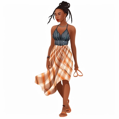 black modern woman with braids, full body wearing summer dress with sandals clipart