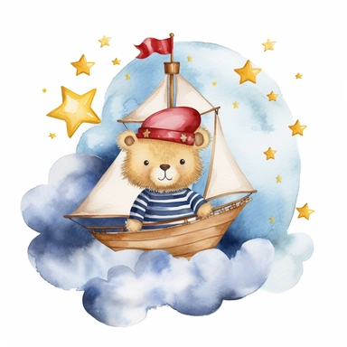 dreamy dark night sky clouds and a swarm of golden stars. a cute plushie sailor bear in a blue and white striped shirt and a sailor hat and a small red bowtie, in a wooden sailboat with a white sail, sailing on fluffy clouds, not sea. prominent visible brush strokes, watercolour texture, watercolor clipart png on white background