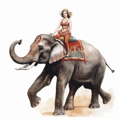 hand drawn vintage circus elephant with woman riding, glamorous, soft, detailed and realistic, watercolor, clipart style, white background with margins