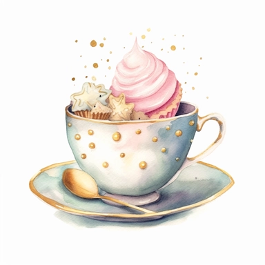 Clipart, Watercolor, Shabby Chic Tea Cup with gold dots, and sweets and cake out of cup, light colors, hand-draw, texture